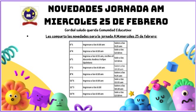 Novedades Jornada am, miercoles 25 de Febrero